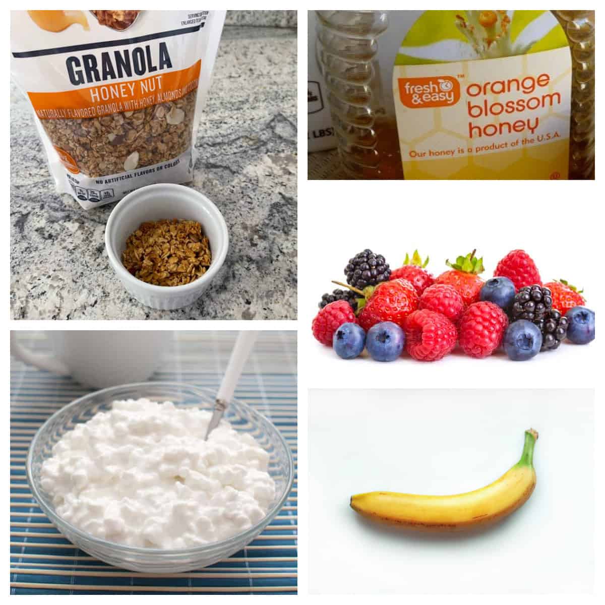 5 frame food photo collage featuring cottage cheese, banana, berries, granola, honey