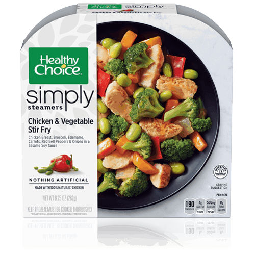Package of Healthy Choice chicken and vegetable stir fry simply steamers