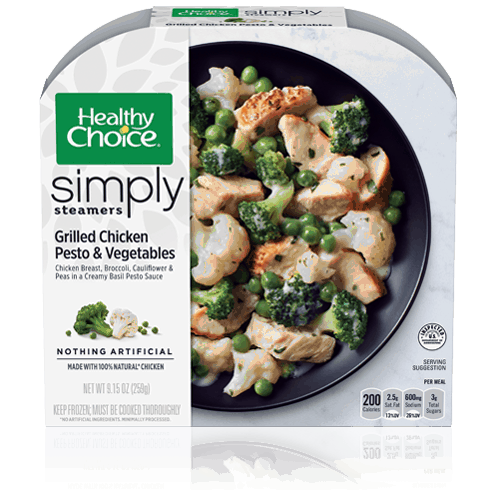 Package of Healthy Choice Grilled chicken pesto and vegetables simply steamers