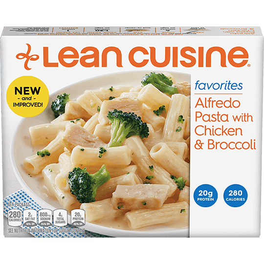 Package of lean cuisine alfredo pasta with chicken and broccoli