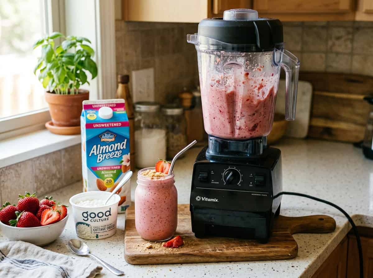 strawberry cheese cake smoothie ingredients being blended in Blender