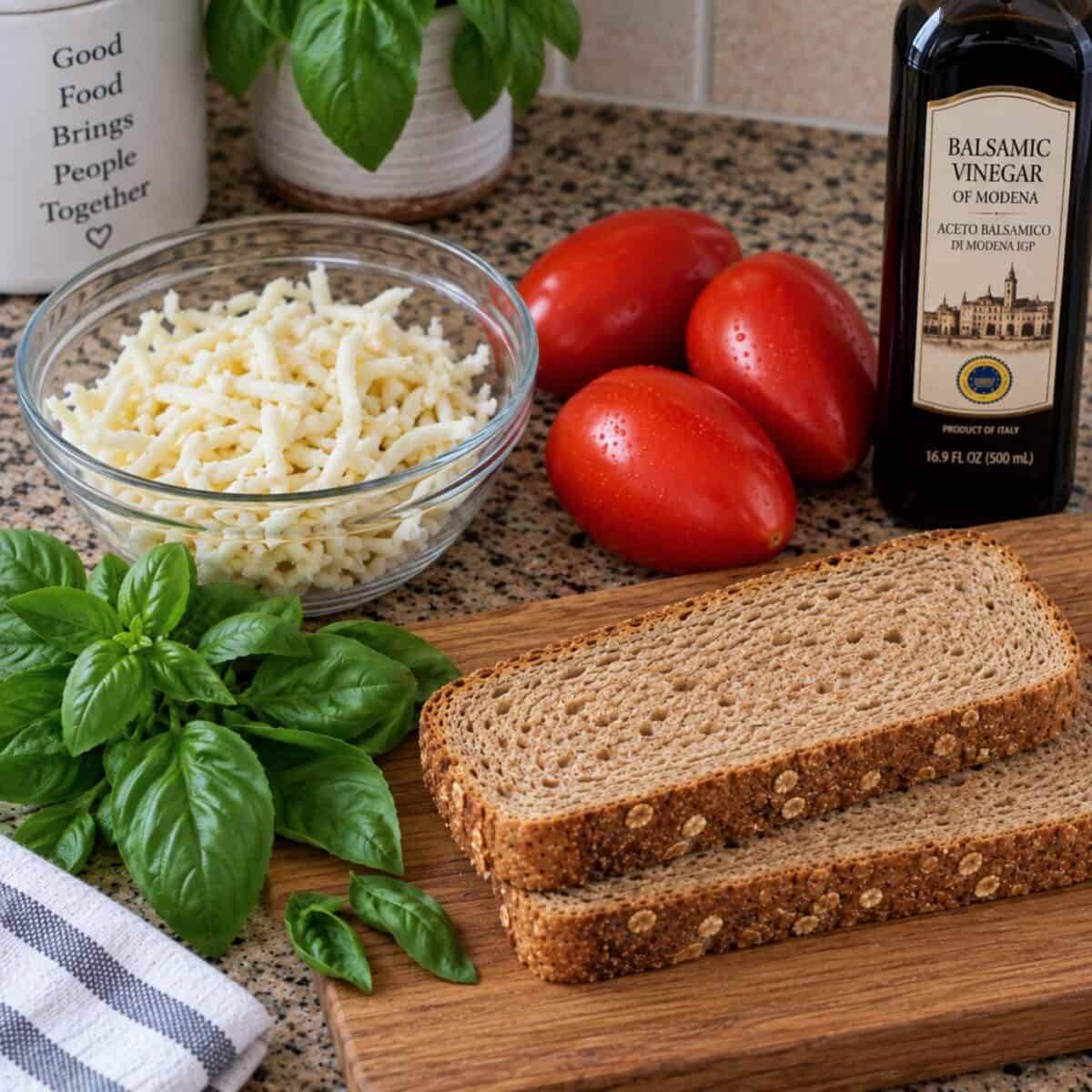 Shredded mozzarella, Roma tomatoes, fresh basil and whole wheat bread on wood cutting board with a bottle of balsamic vinegar alongside.