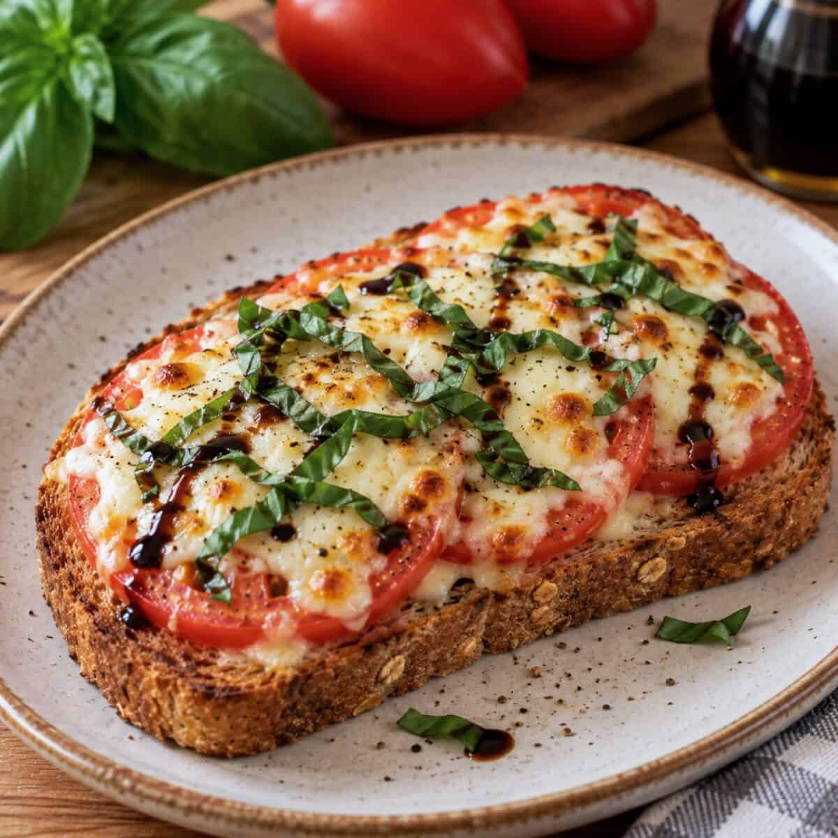 Hot open-faced caprese sandwich with a drizzle of balsamic vinegar on whole wheat toast on ceramic plate.