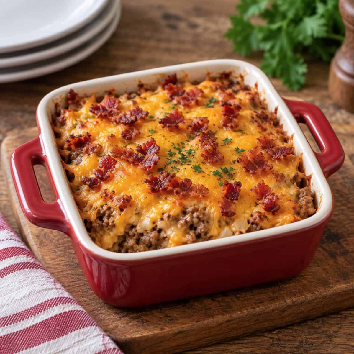 Cheeseburger Casserole topped with melted cheese and crispy bacon bits in small red casserole baking dish.