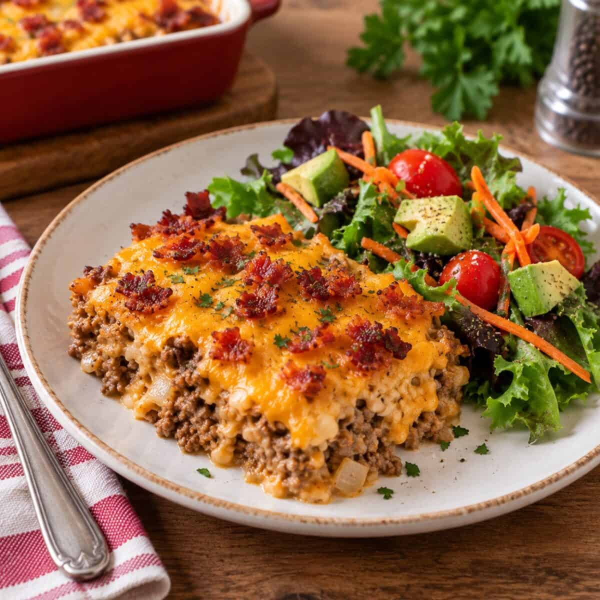 Bacon Cheeseburger Casserole in a dinner plate with mixed greens salad.