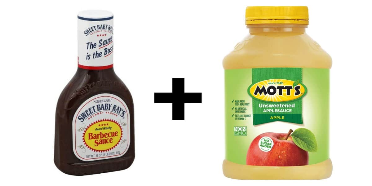 Bottle of barbecue sauce with jar of apple sauce.
