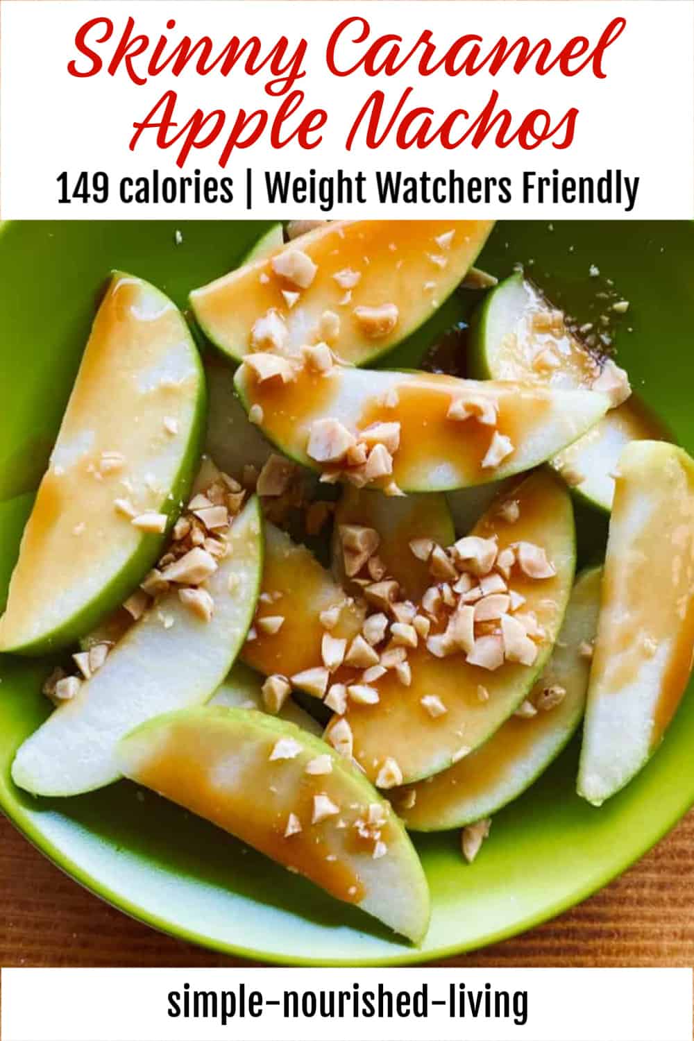 Skinny caramel apple nachos topped with chopped nuts.