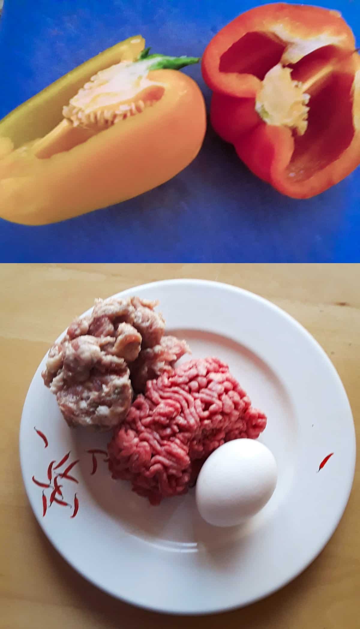 Half yellow and red bell peppers on blue cutting mat near plate with Italian sausage, ground beef and an egg.