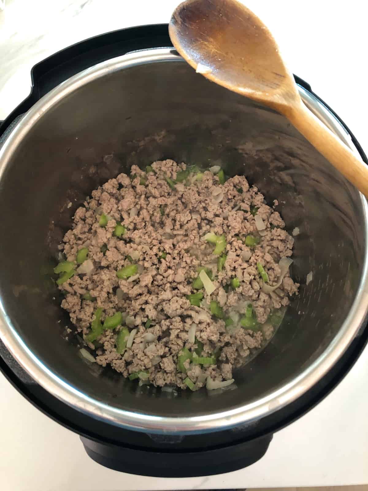 Browning ground turkey, celery, onions in InstantPot