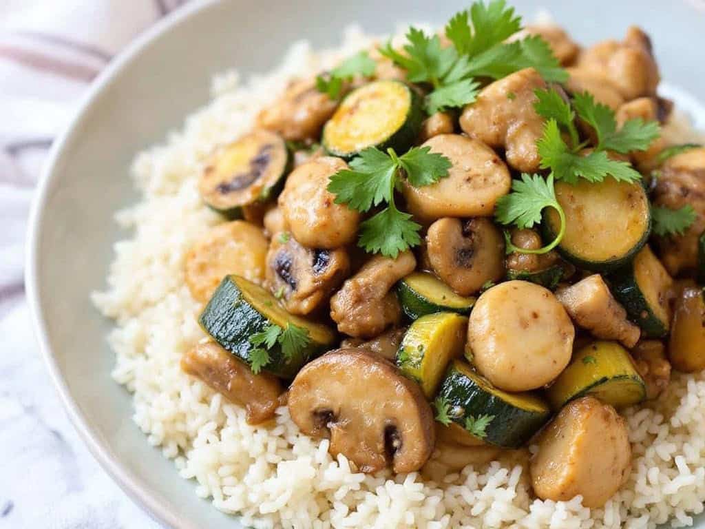 chicken mushroom stir-fry on a bed of rice garnished with cilantro
