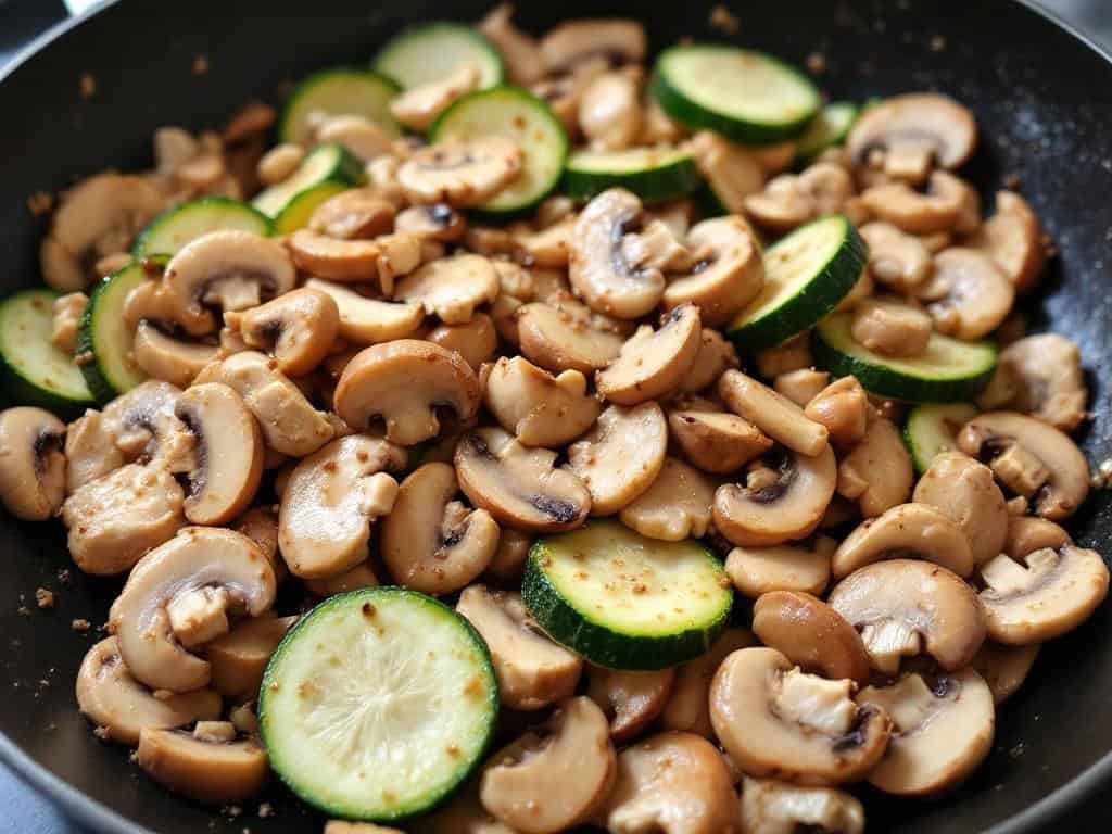 chicken mushroom zucchini stir fry in a skillet