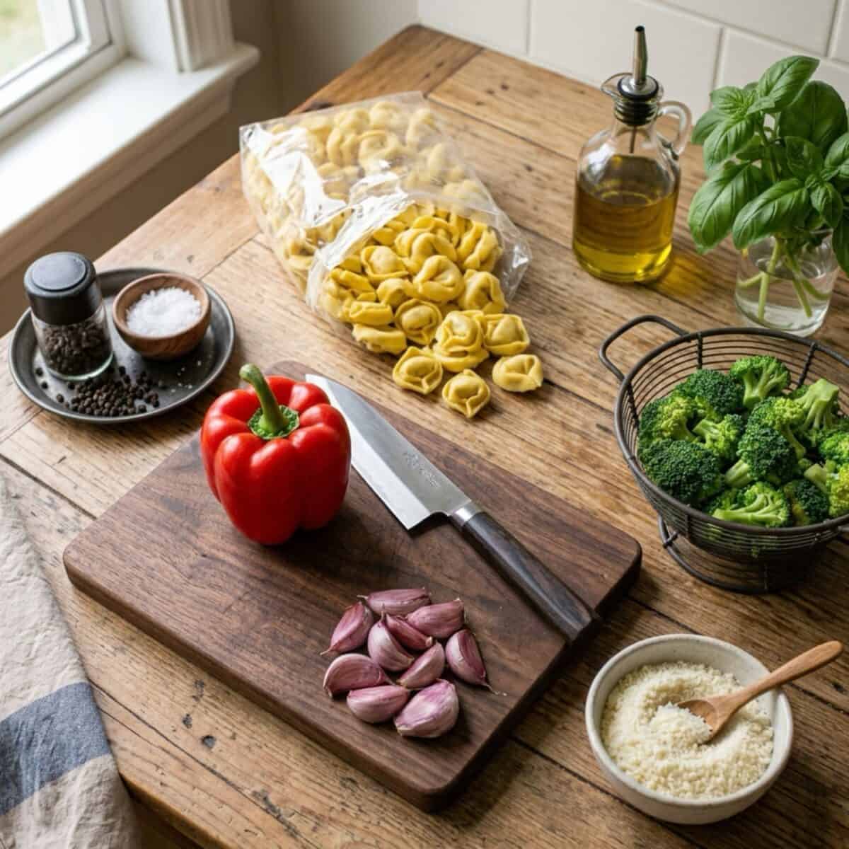 Package of cheese tortellini, red bell pepper, garlic cloves, broccoli florets, olive oil and small bowl of grated Parmesan cheese.