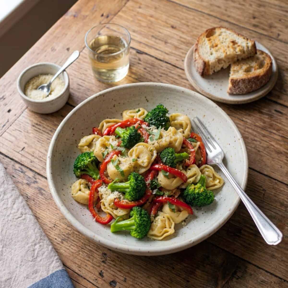 Cheese tortellini with broccoli and red peppers in a bowl with fork and toasted bread on a small plate alongside.