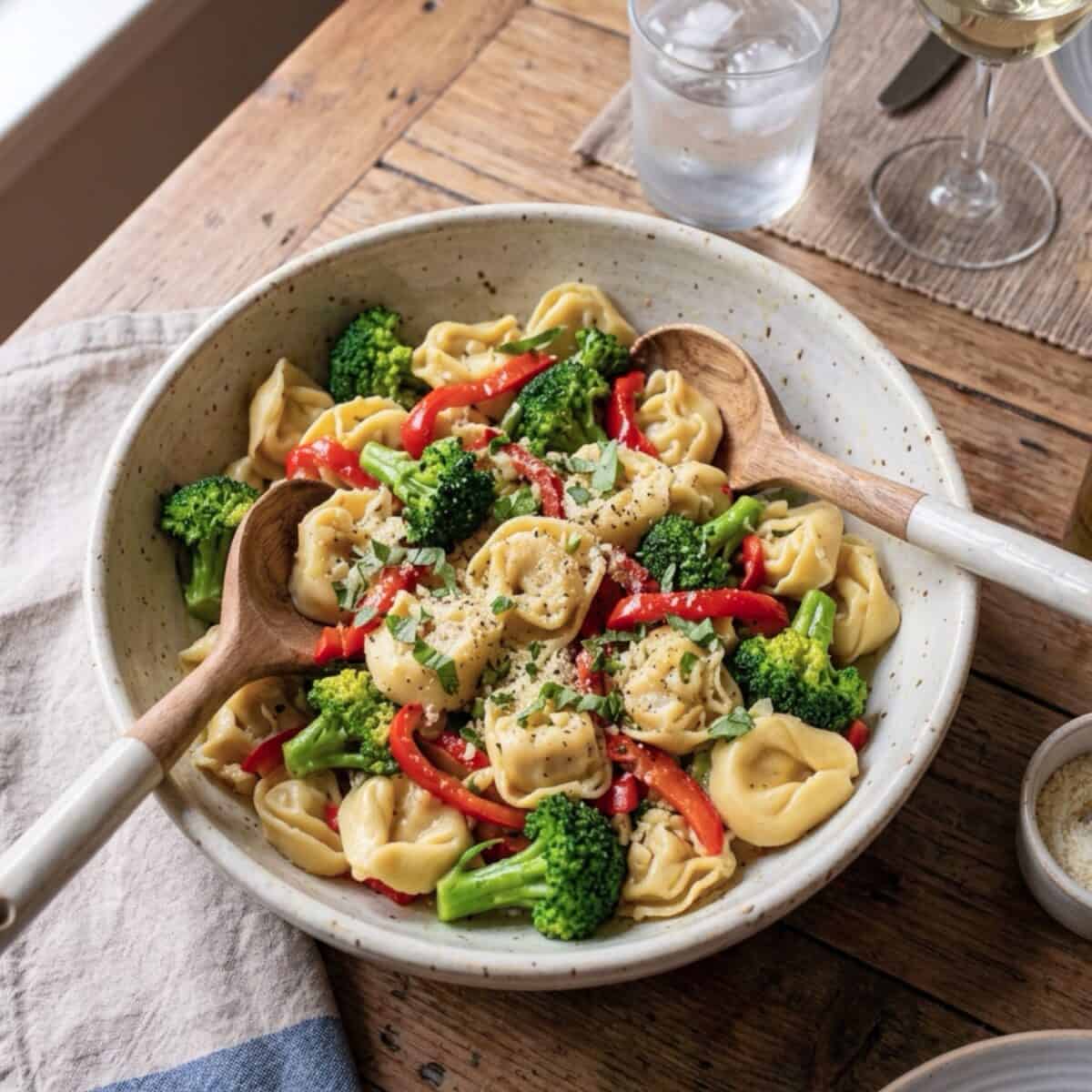 Cheese tortellini with broccoli floret and red peppers topped with fresh sliced basil and grated Parmesan cheese in a serving bowl with serving spoons.