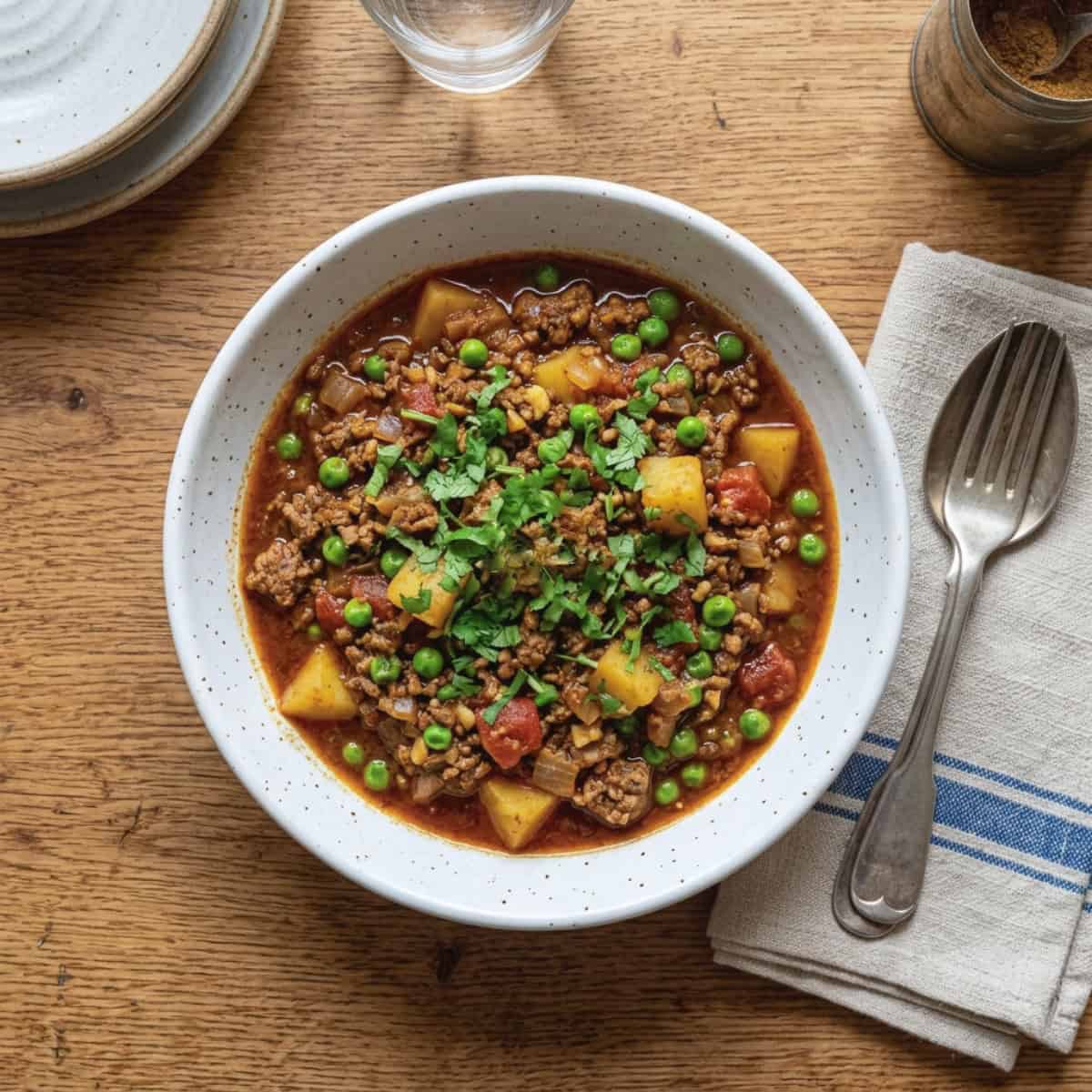 Hamburger Curry with potatoes and peas in a white bowl on wooden table with a fork and spoon on linen napkin.