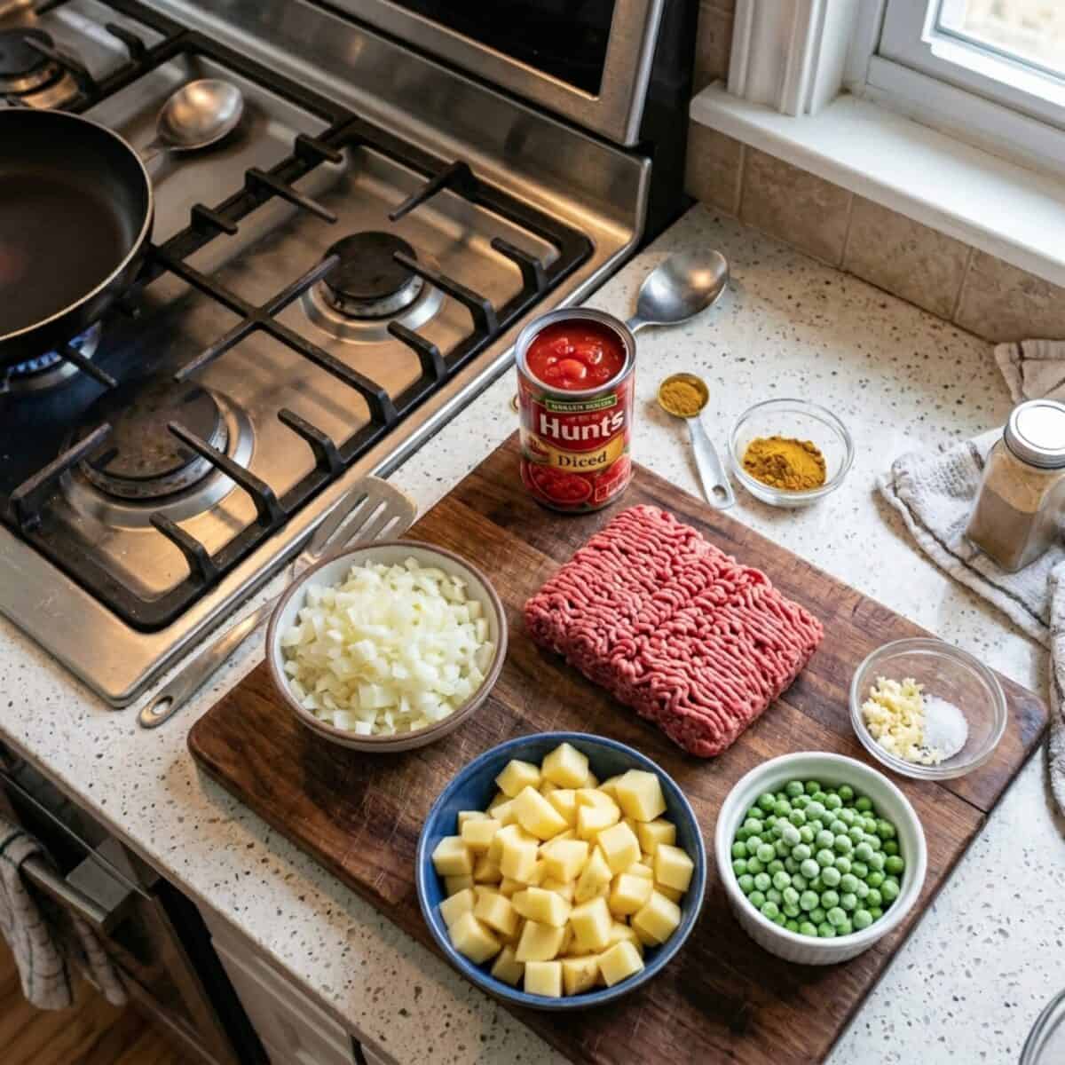 Ingredients including canned diced tomatoes, lean ground beef, chopped yellow onion, chopped potato, frozen peas, minced garlic and curry powder on kitchen counter alongside stove.