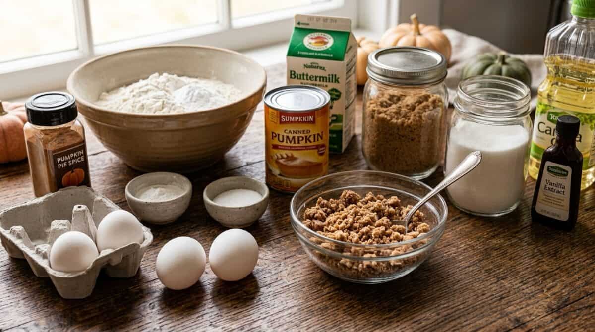 Ingredients on wooden table including all purpose flour, canned pumpkin puree, pumpkin pie spice, eggs, buttermilk, brown sugar, sugar, canola oil, vanilla extract and small bowl with streusel topping already mixed.