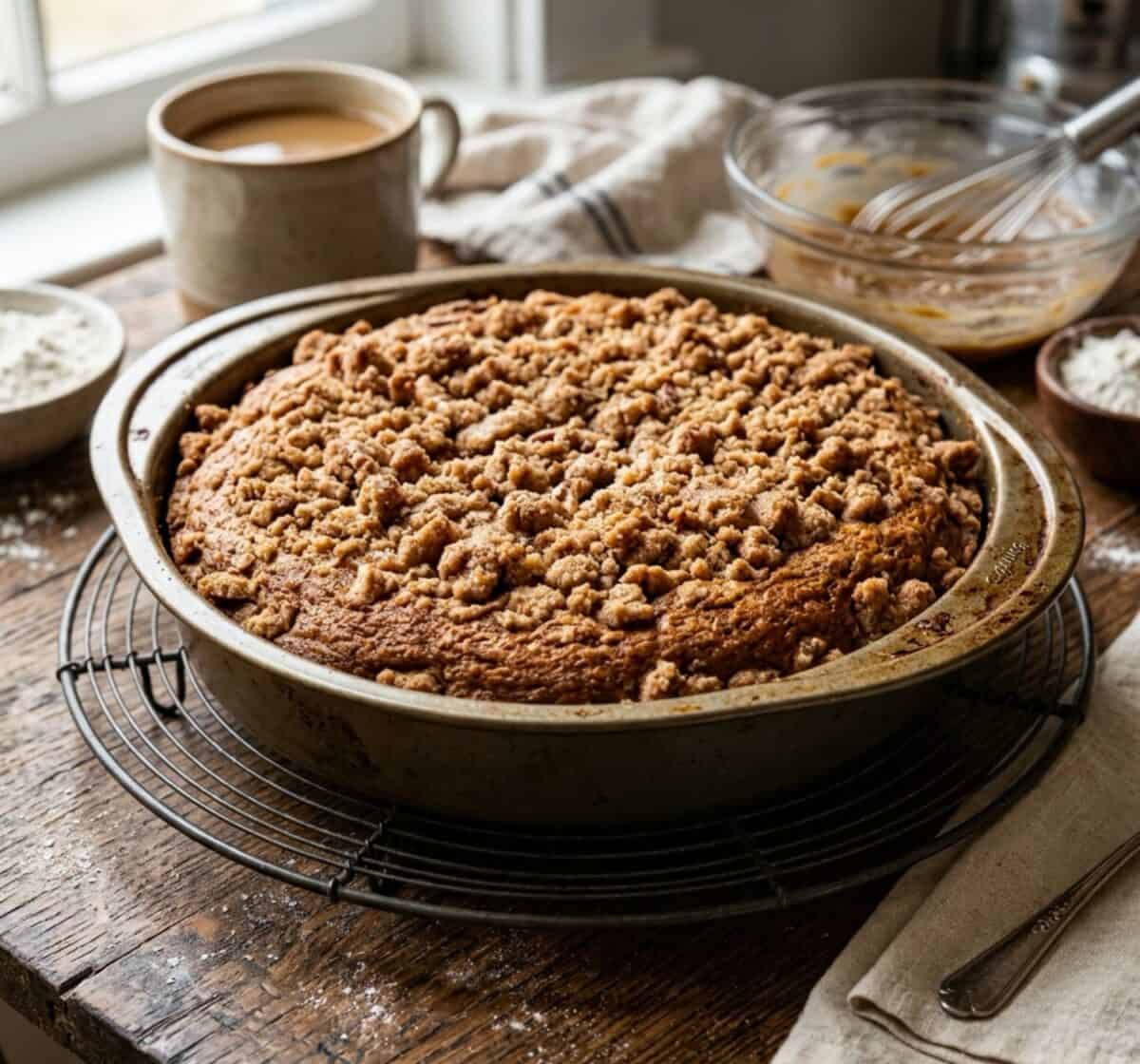 Fresh baked pumpkin streusel coffeecake on wire rack with mug of coffee in the background.