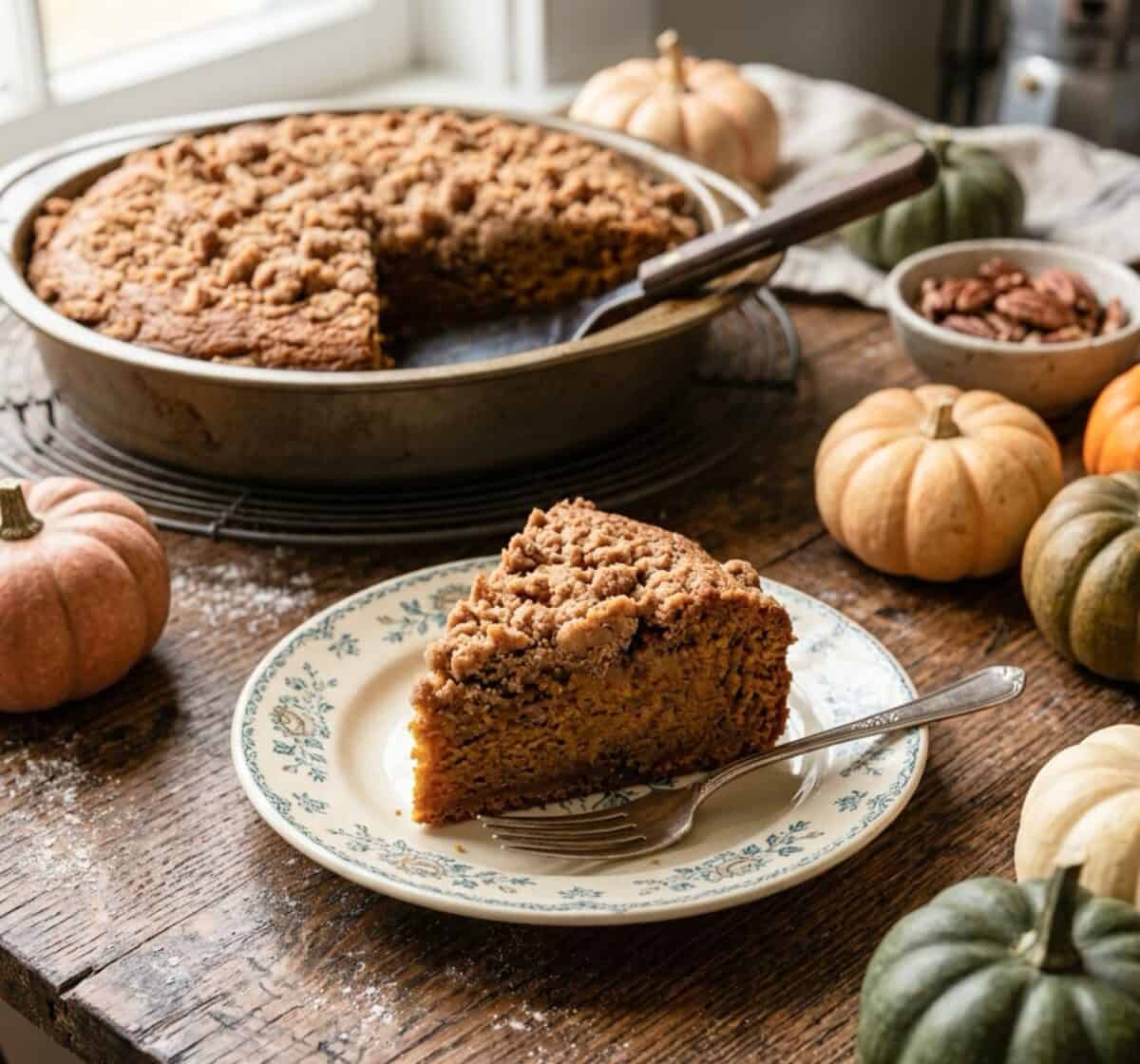 Piece of pumpkin streusel coffeecake on a small plate with a fork and remaining coffeecake in baking pan behind with serving spatula and several small decorative pumpkin scattered on wood table.