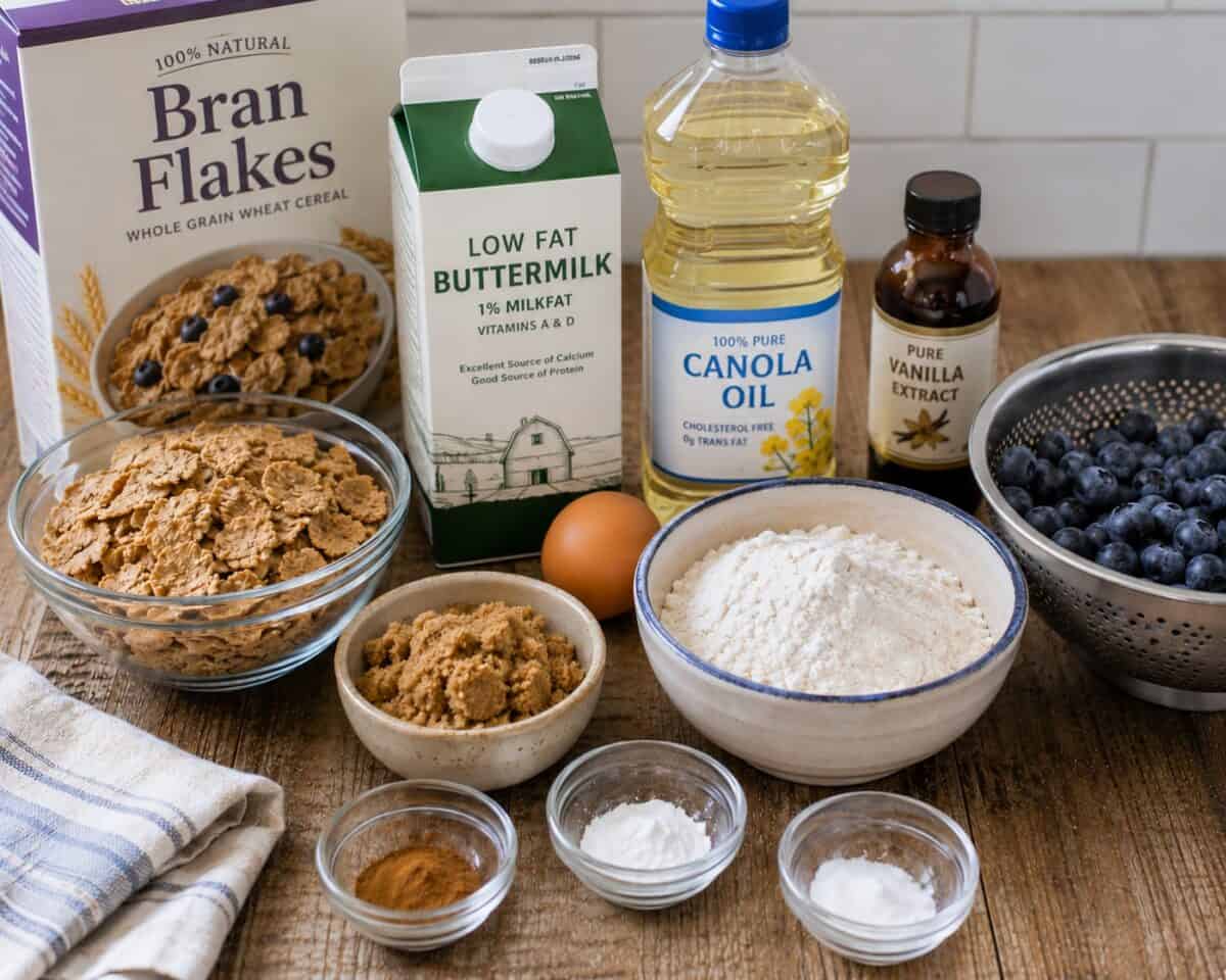 Ingredients including bran flakes cereal, low-fat buttermilk, canola oil, vanilla extract, all-purpose flour, brown sugar, cinnamon and colander of fresh blueberries.