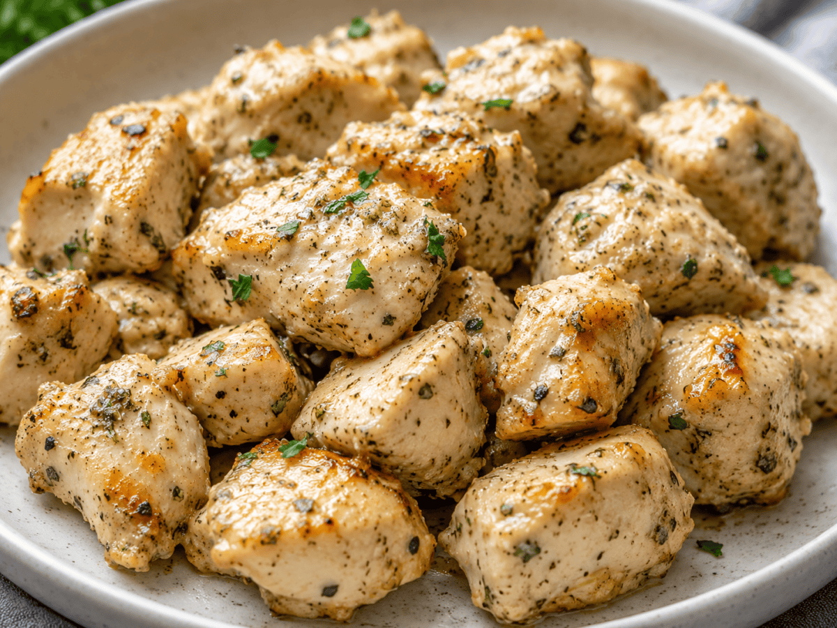 A platter of creamy ranch chicken bites ready to eat.