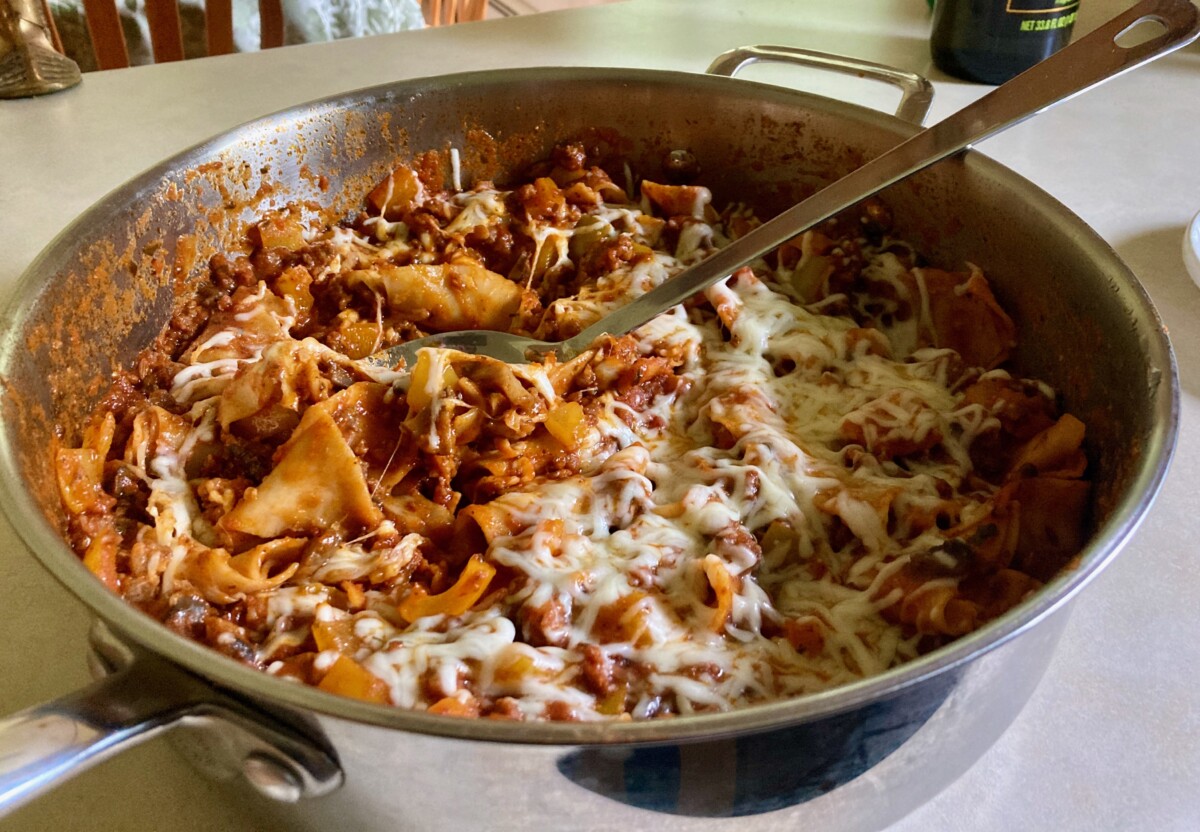 Easy Skillet Lasagna On Counter Ready to Serve