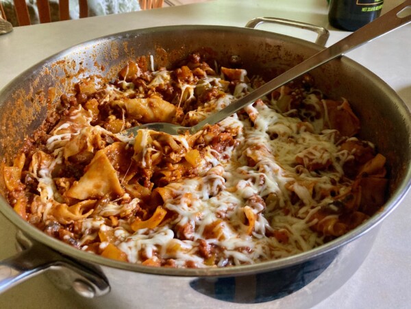 Easy Skillet Lasagna On Counter Ready to Serve