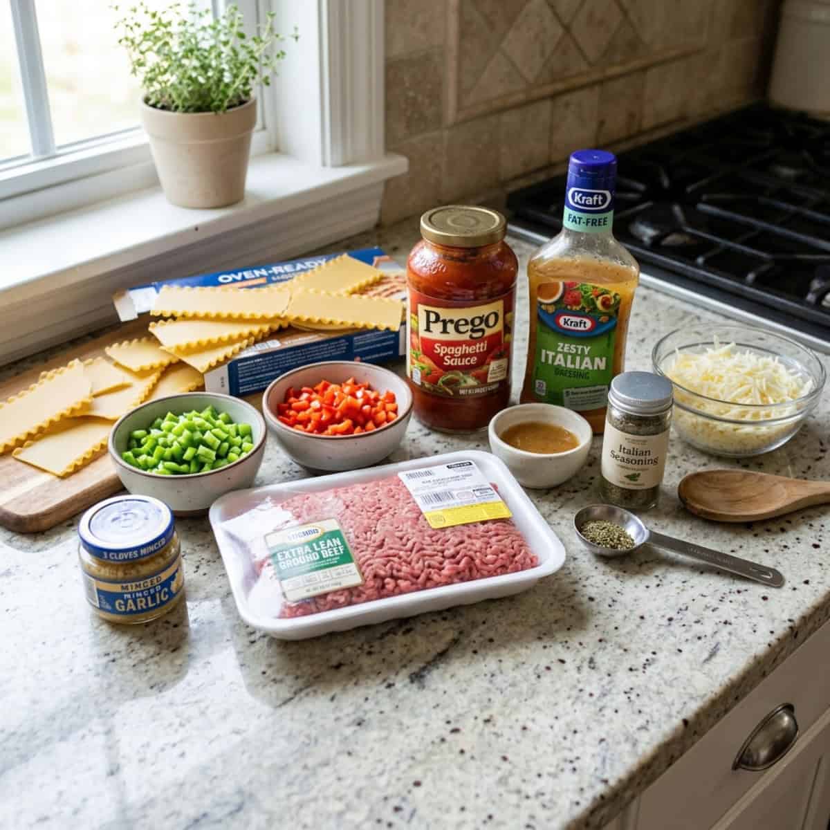 Ingredients for making skillet lasagna, including oven-ready lasagna noodles, spaghetti sauce, zesty Italian dressing, chopped red and green bell pepper, minced garlic, extra lean ground beef, Italian seasoning and shredded mozzarella cheese on kitchen counter.