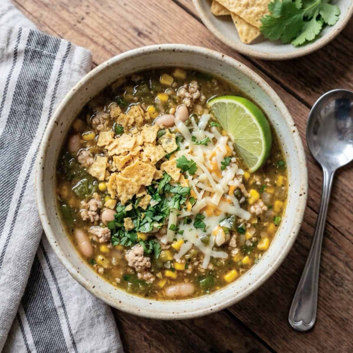 Bowl of green Chile chicken soup garnished with crushed tortilla chips, shredded cheese and fresh chopped cilantro with a wedge of lime and spoon.