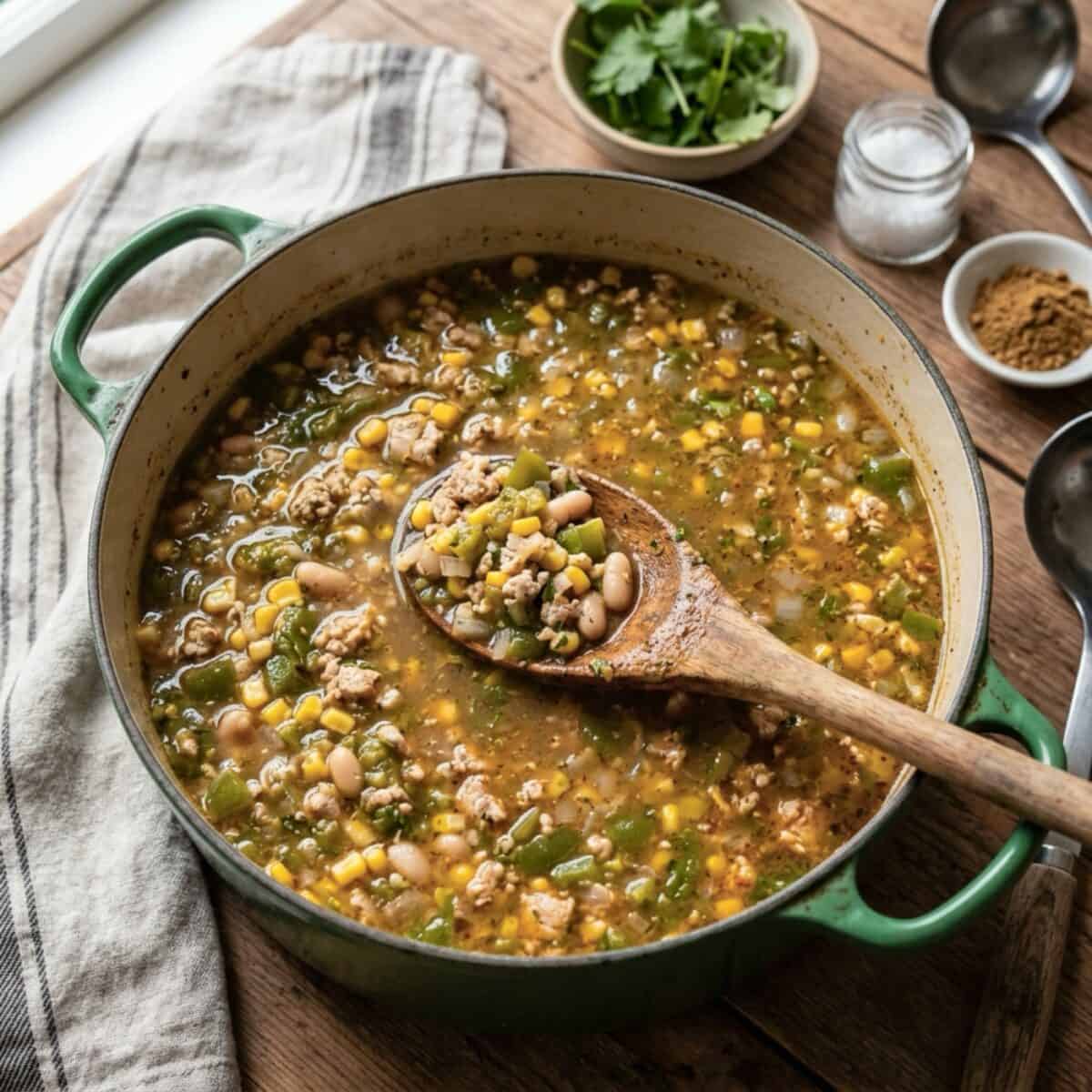 Green Chile chicken soup in Dutch oven with wooden spoon.