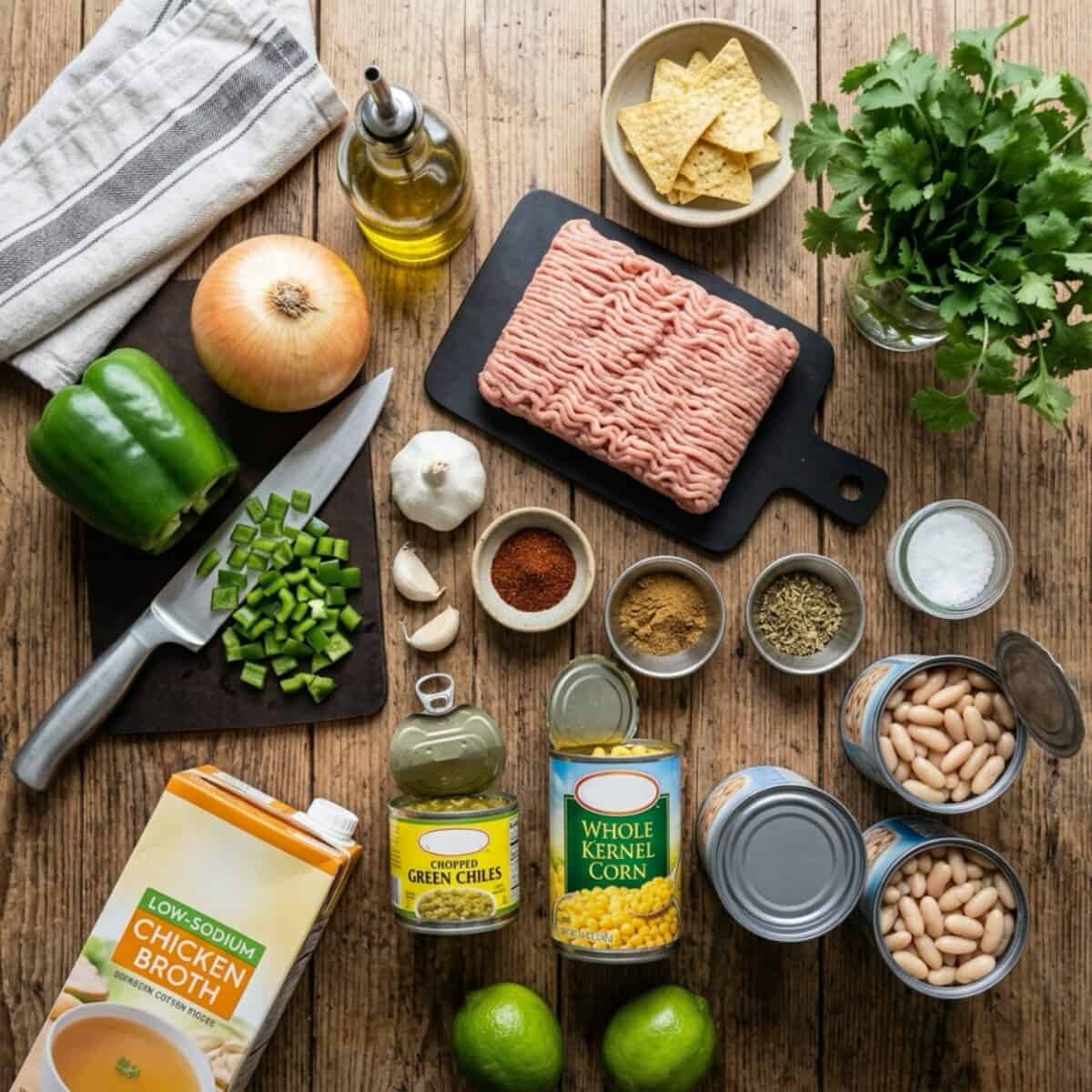 Ingredients including lean ground chicken, onion, green bell pepper, garlic, chili powder, ground cumin, salt, dried oregano, low-sodium chicken broth, chopped green chiles, canned corn, canned white beans and limes.