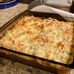 baked chicken noodle casserole in dark pyrex dish ready to enjoy