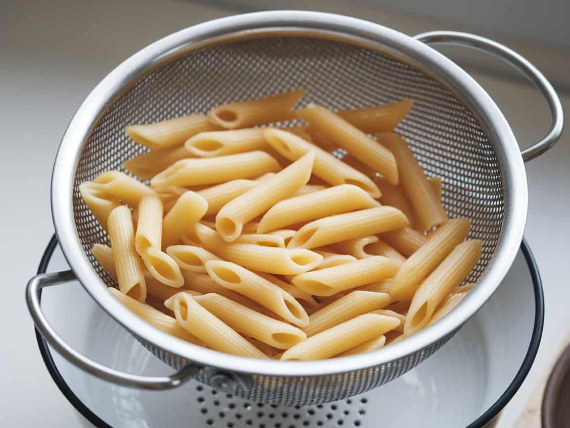 penne pasta draining in a colander