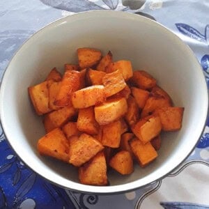 Roasted Spicy Sweet Potatoes in a Bowl