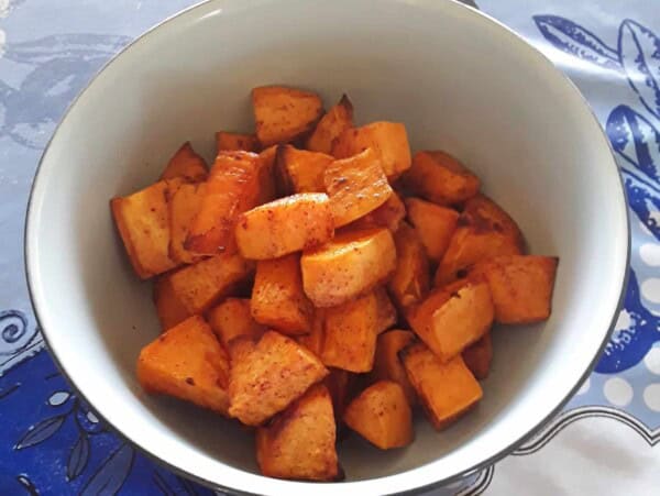 Roasted Spicy Sweet Potatoes in a Bowl