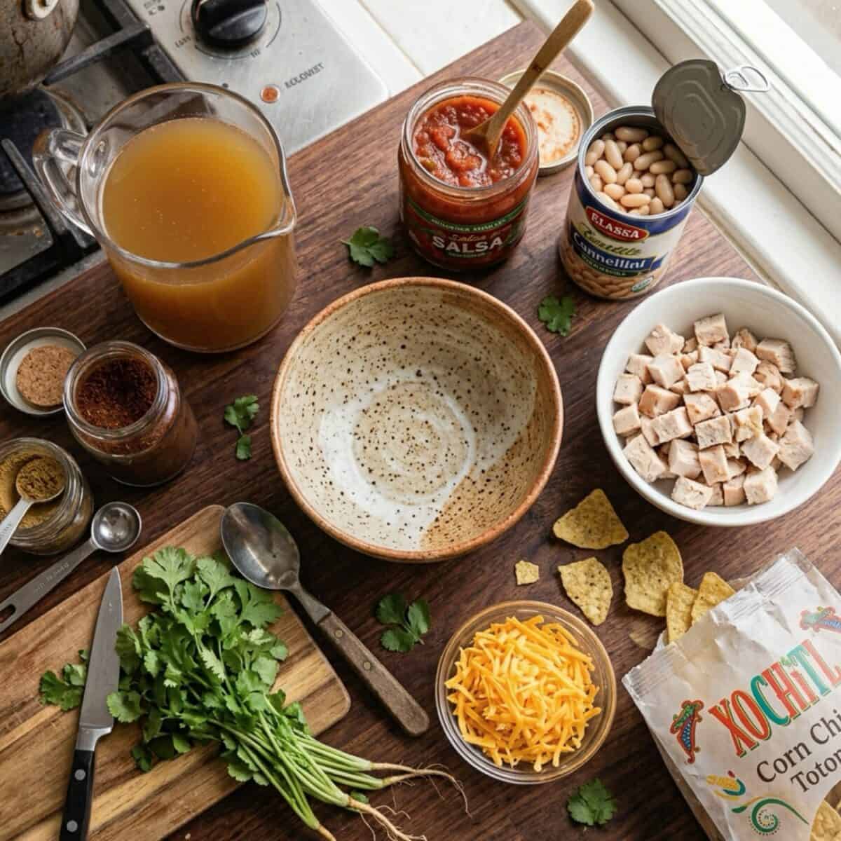 Ingredients including chicken broth, chunky salsa, can of white beans, chopped cooked chicken, chili powder, cumin, shredded cheese, fresh cilantro and a bag od Xochitl corn tortilla chips.