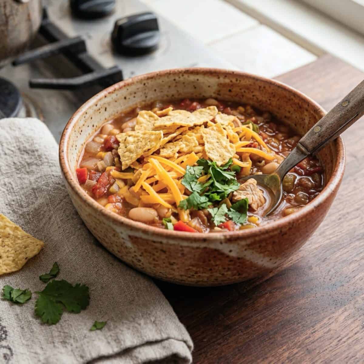 Chicken white bean salsa soup topped with shredded cheese, crushed tortilla chips and fresh cilantro in a pottery bowl with a spoon.