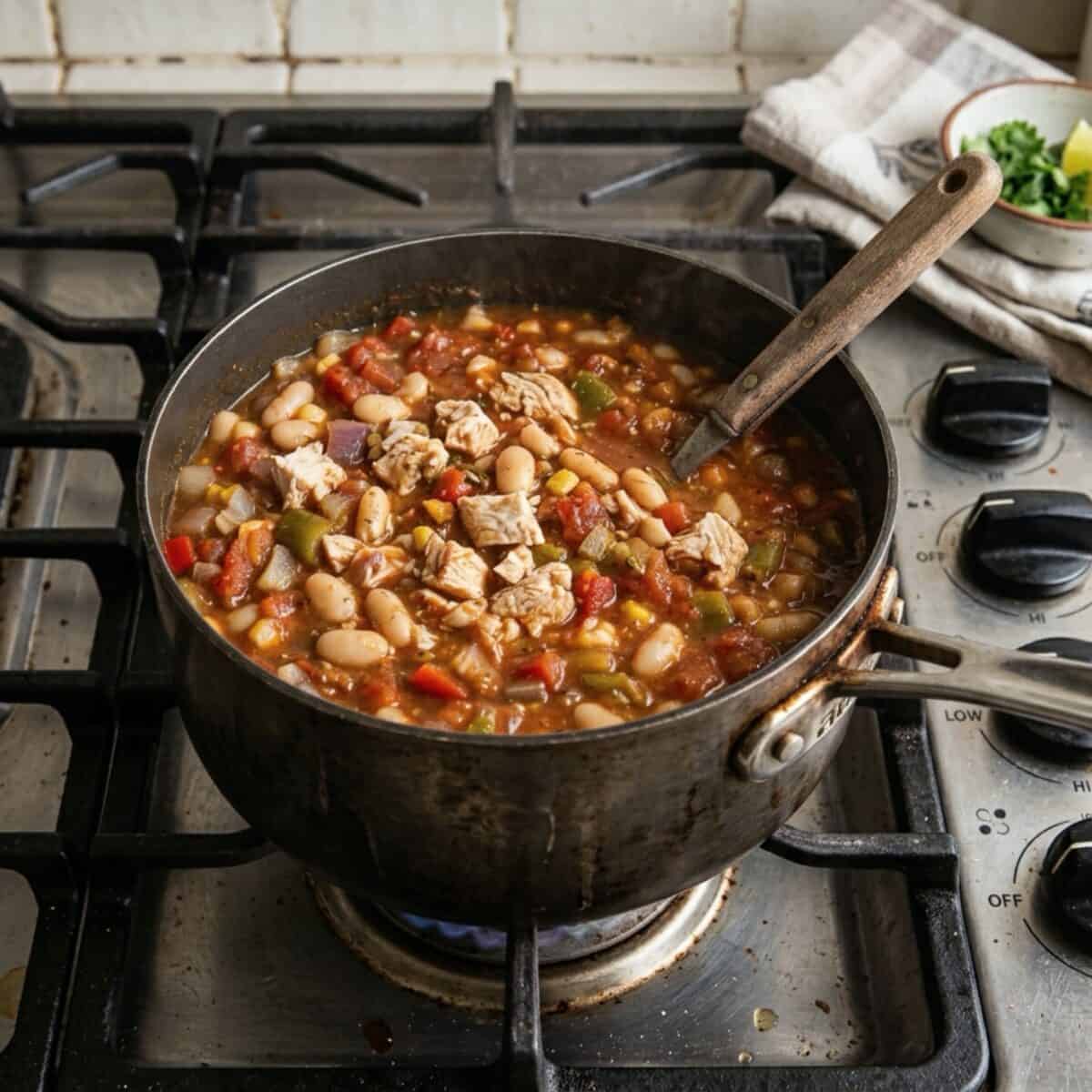 Cooking chicken white bean salsa soup in a sauce pan on a gas stove top.