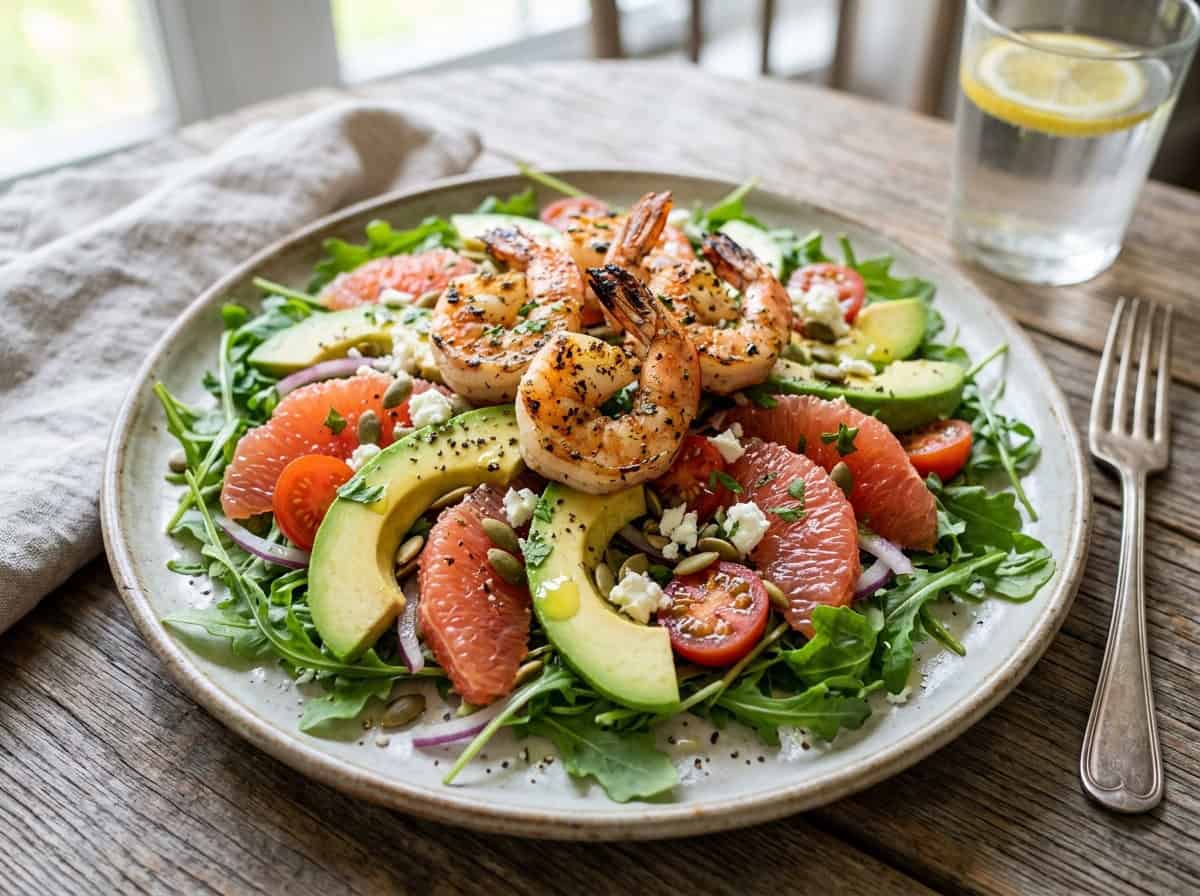 avocado and grapefruit salad on bed of arugula with grilled shrimp