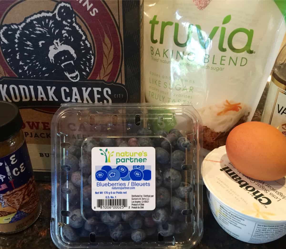Kodiak cakes mix, Truvia baking blend, blueberries, yogurt, egg and spices.
