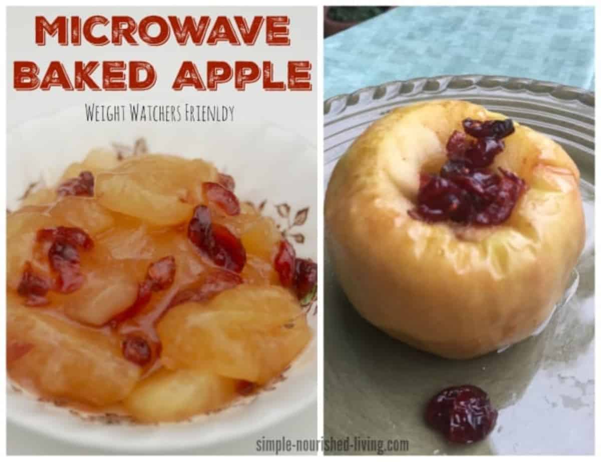 Microwave baked apples topped with cranberries on small dessert plate.