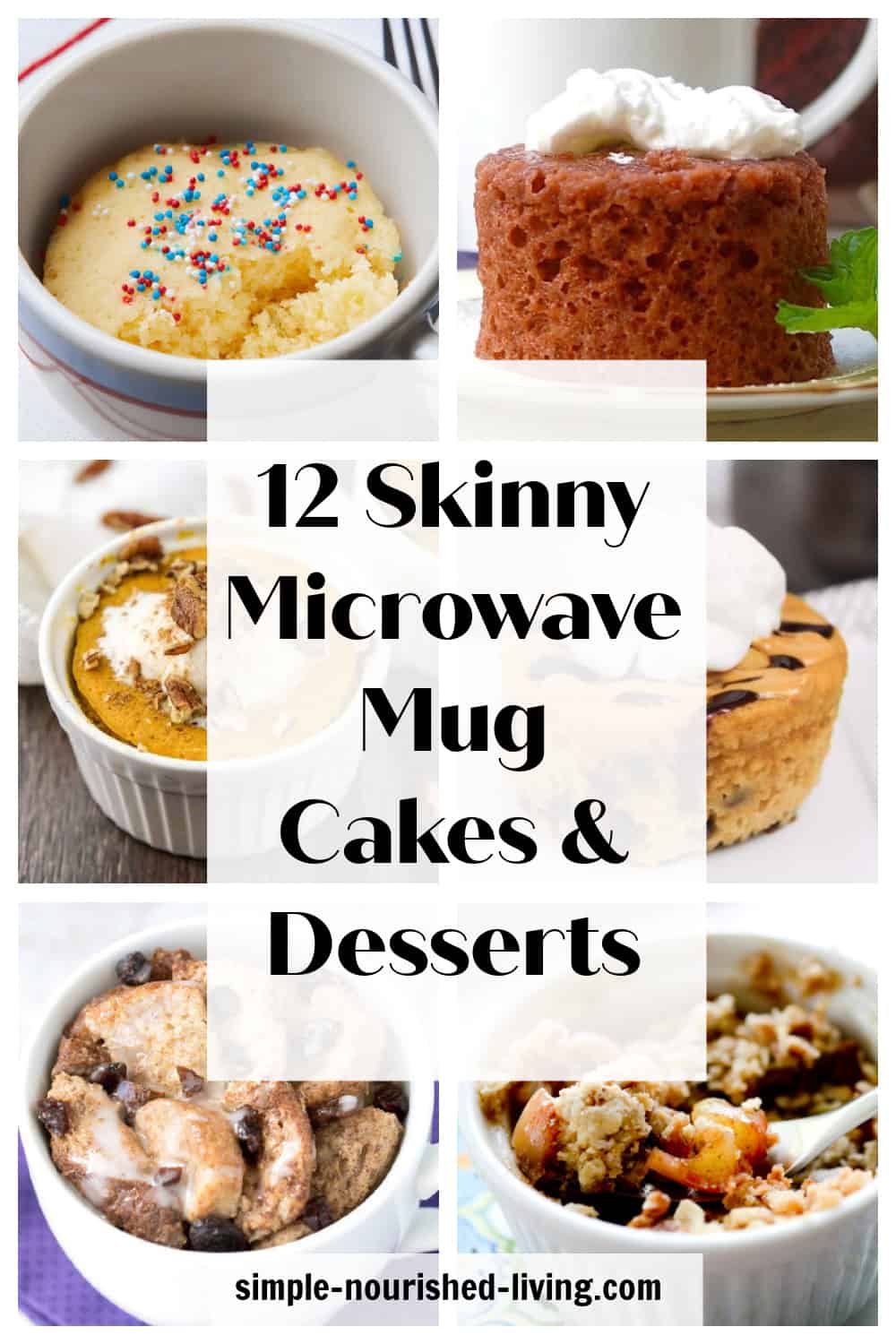 Collage showing six different microwave mug cakes and desserts.