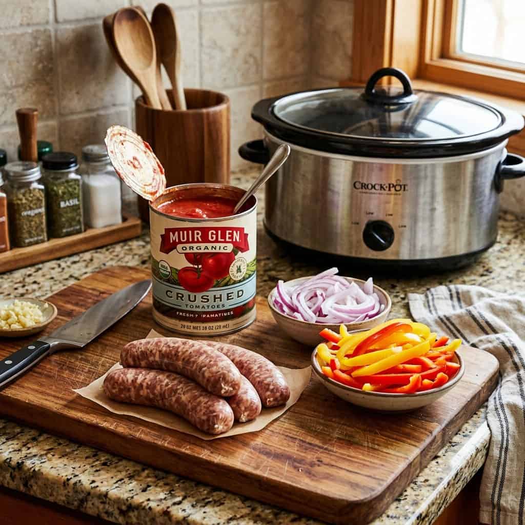 kitchen counter with Italian sausage, slice onions, sliced bell peppers, can crushed tomatoes with slow cooker in background