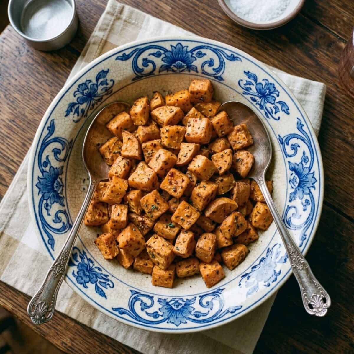Roasted Sweet Potatoes with cinnamon and cayenne in a vintage serving bowl with serving spoons.