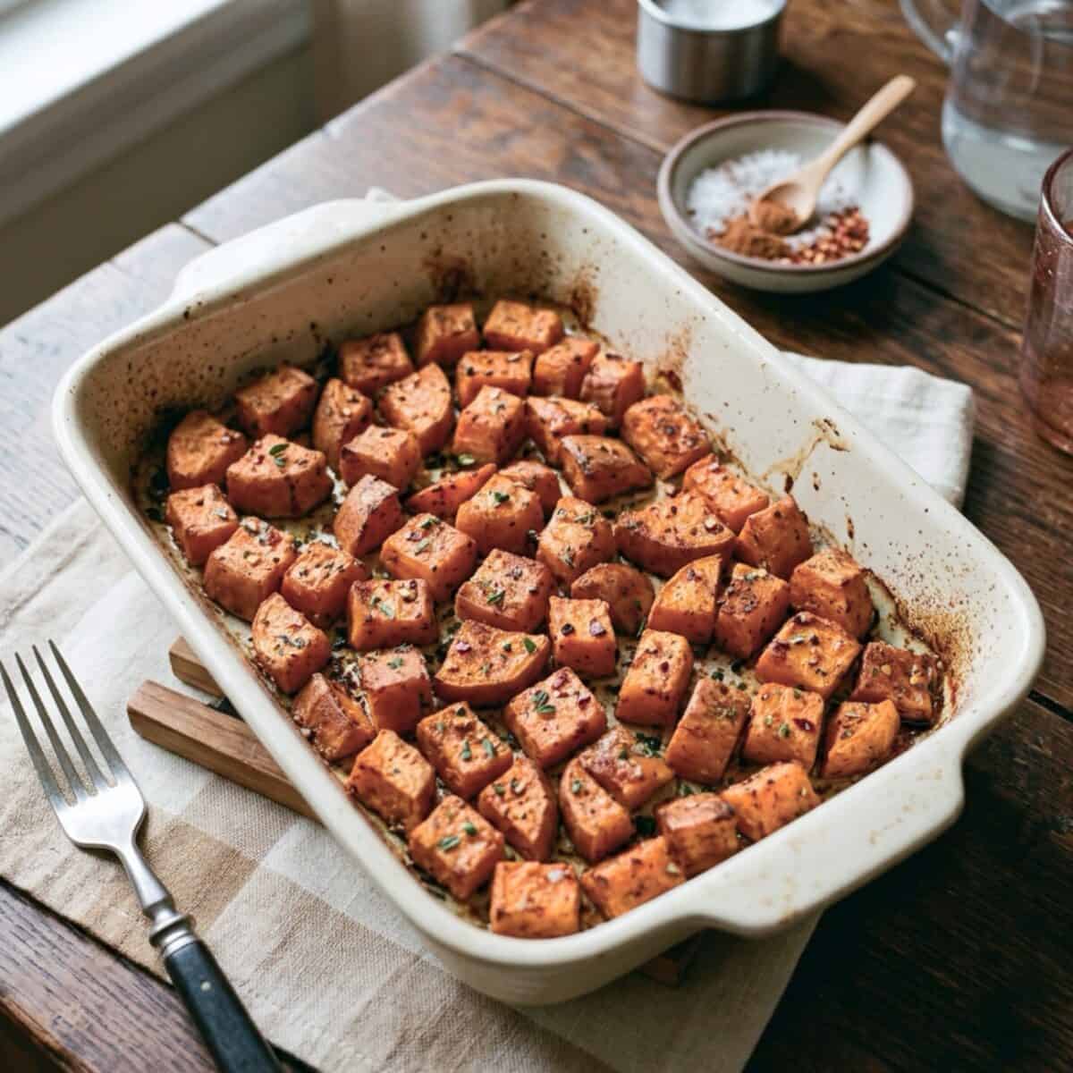 Roasted Sweet Potatoes with cinnamon and cayenne in a baking dish.