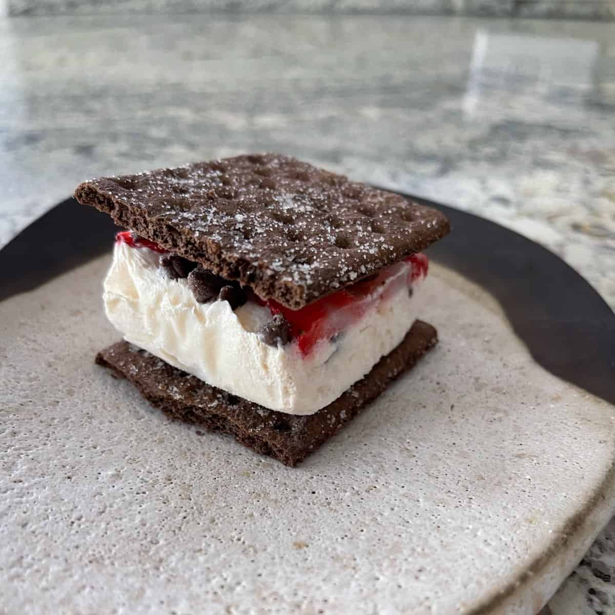 Homemade ice cream sandwich with chocolate graham crackers and strawberry chocolate chip Greek yogurt bark.