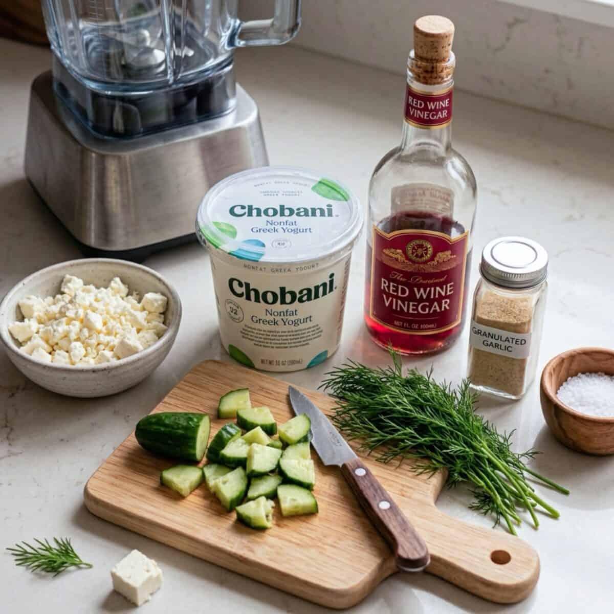 Plain nonfat Greek yogurt, crumbled feta, red wine vinegar, granulated garlic, cucumber, fresh dill and salt.