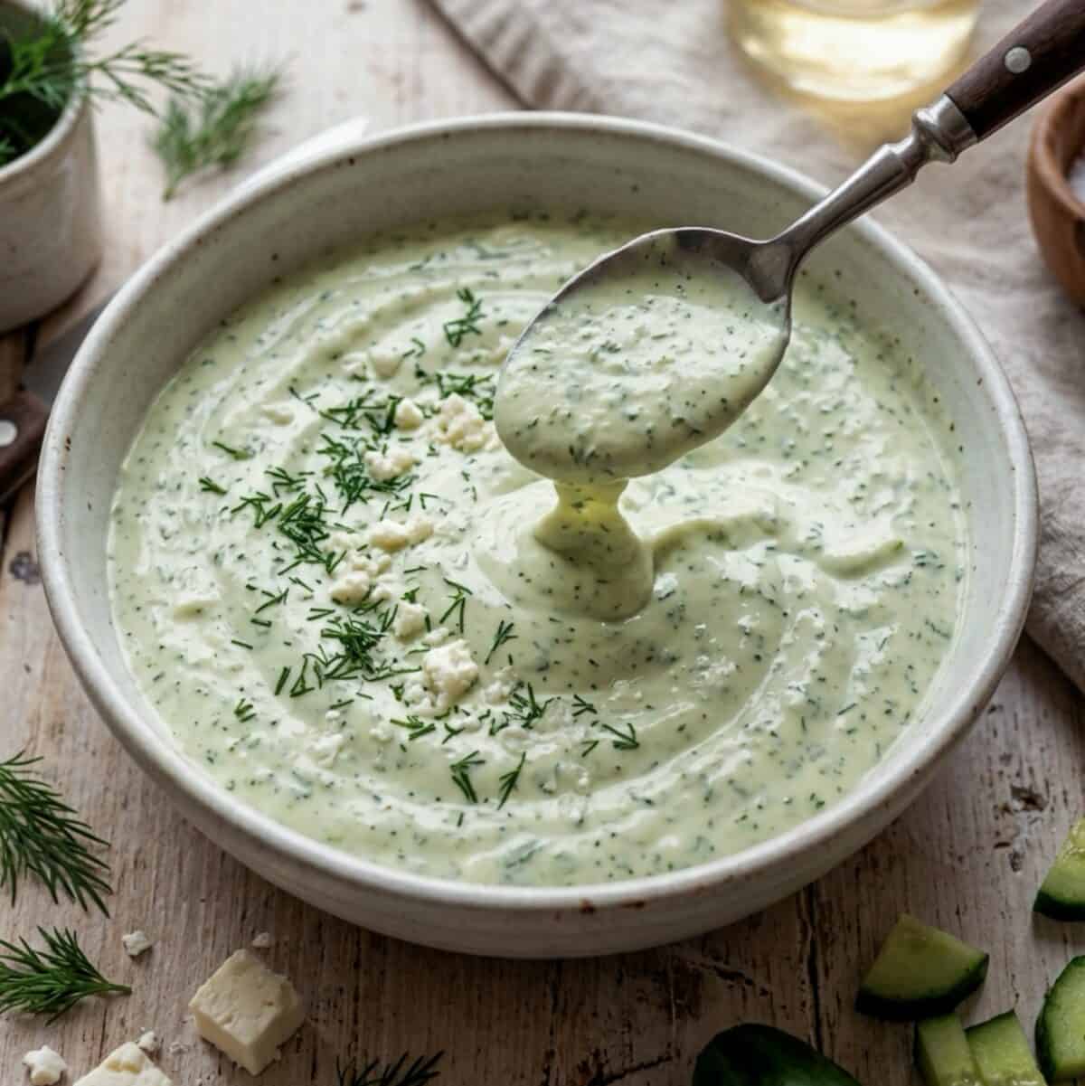 Creamy Cucumber Feta Dressing in a bowl with a spoon.