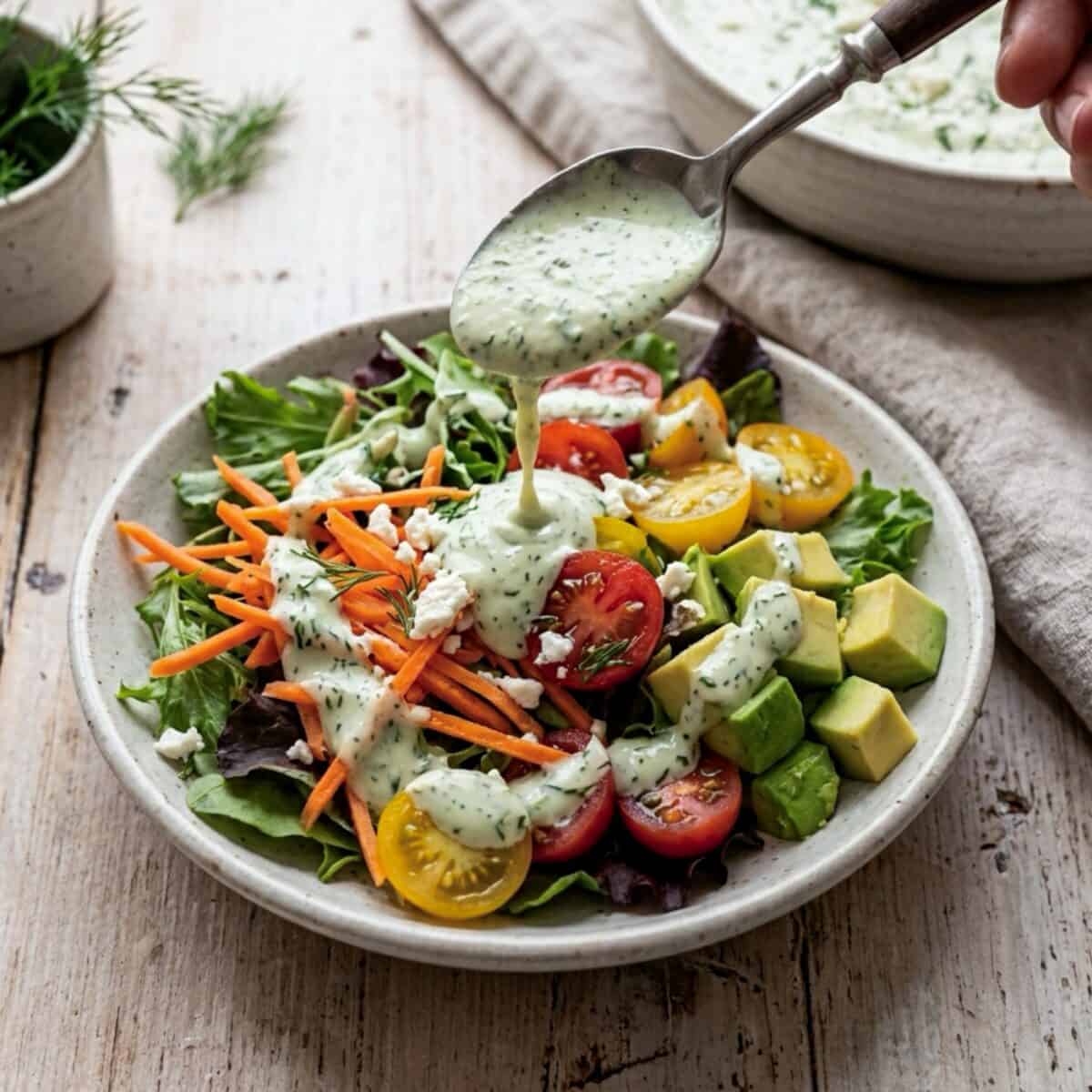 Cucumber Feta Dressing drizzled over a mixed greens salad.