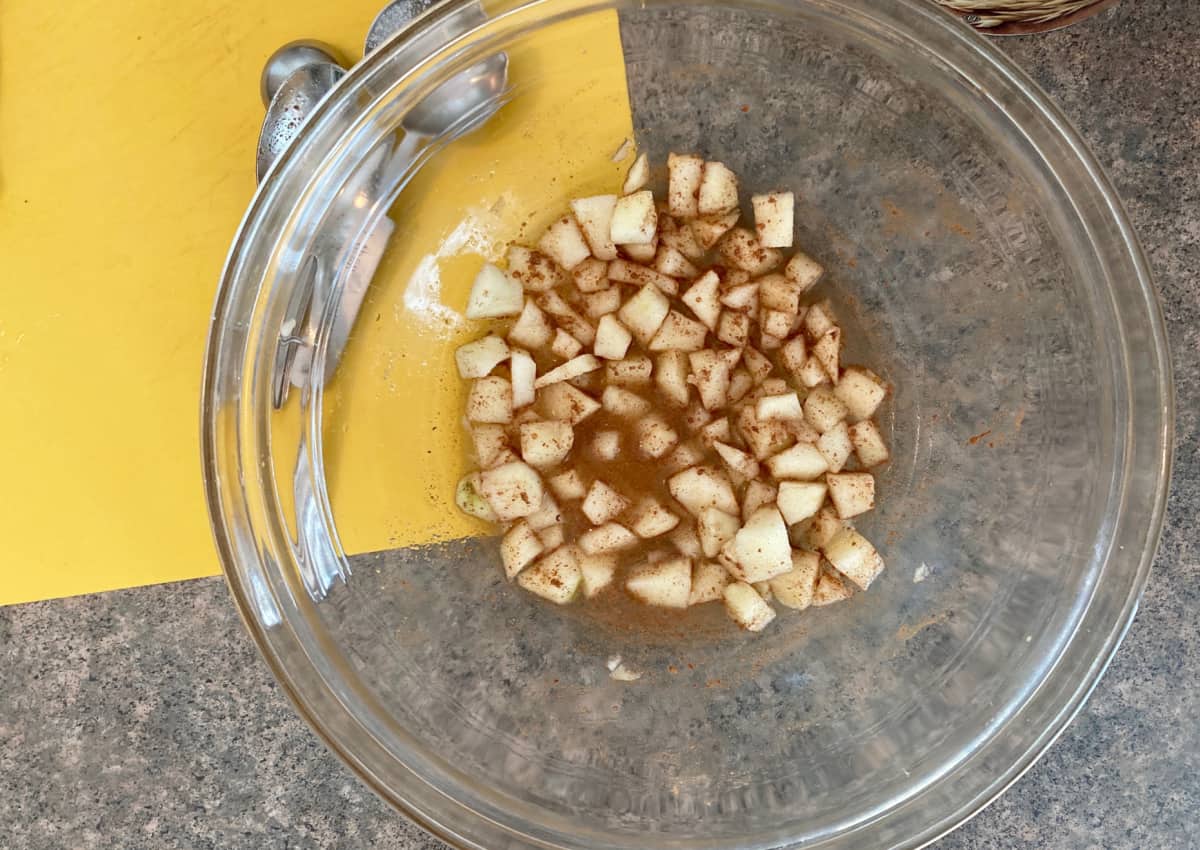 Glass bowl with chopped apple, cinnamon and sweetener, from above.